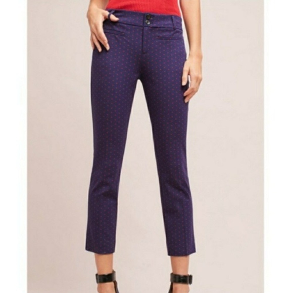 Anthropologie slim fit trousers blue red dots